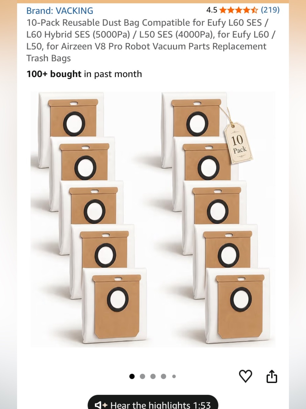 Reusable Vacuum Dust Bags -  8 Pack, White with Tan Collar (two used)